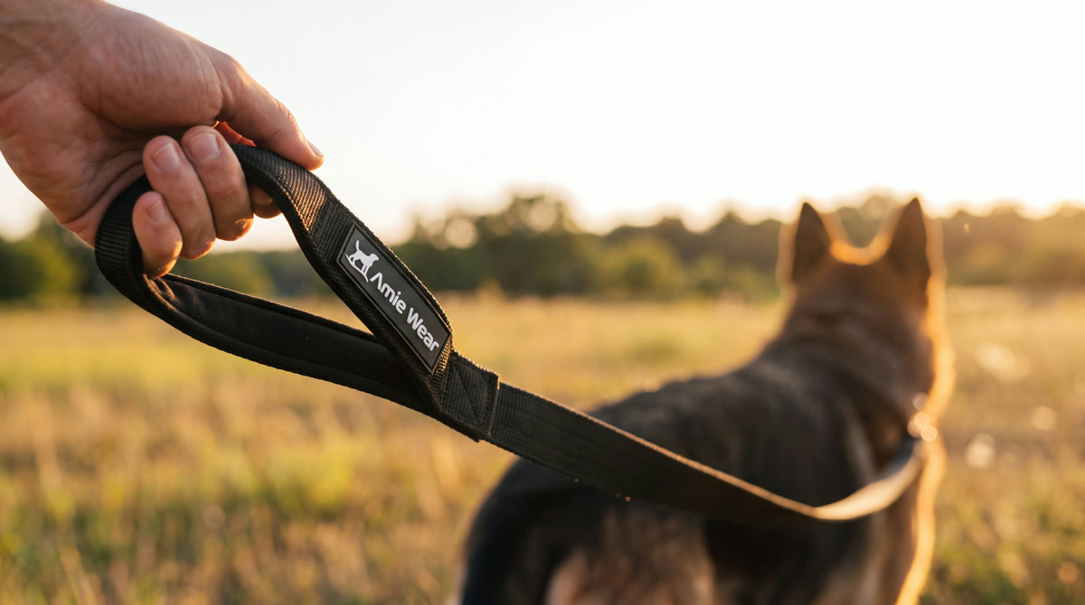 Hand hält die gepolsterte Handschlaufe einer Amie Wear Hundeleine, Deutscher Schäferhund auf einer Wiese im Abendlicht