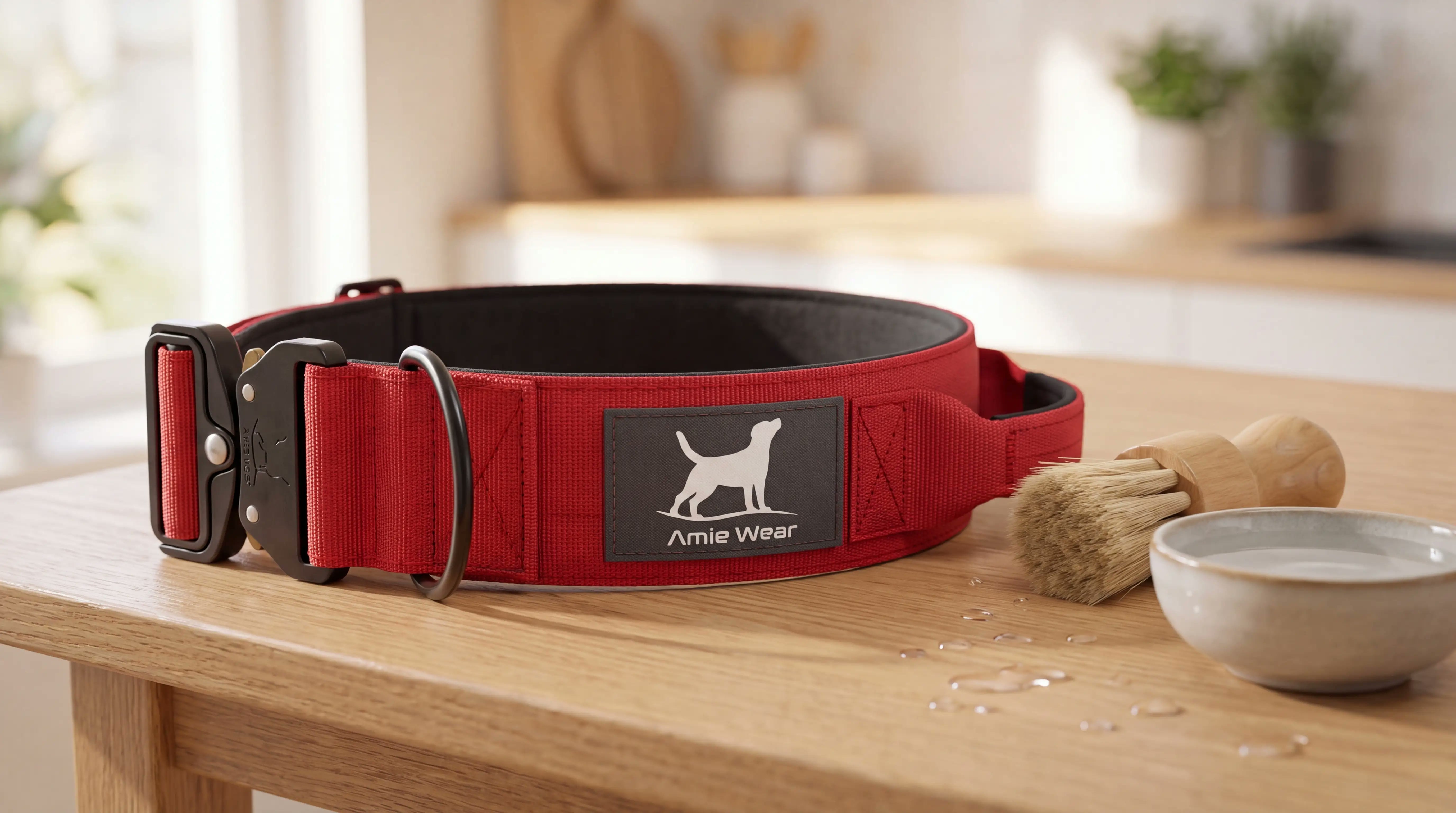 Rotes taktisches Hundehalsband neben Bürste und Wasserschale zum Reinigen