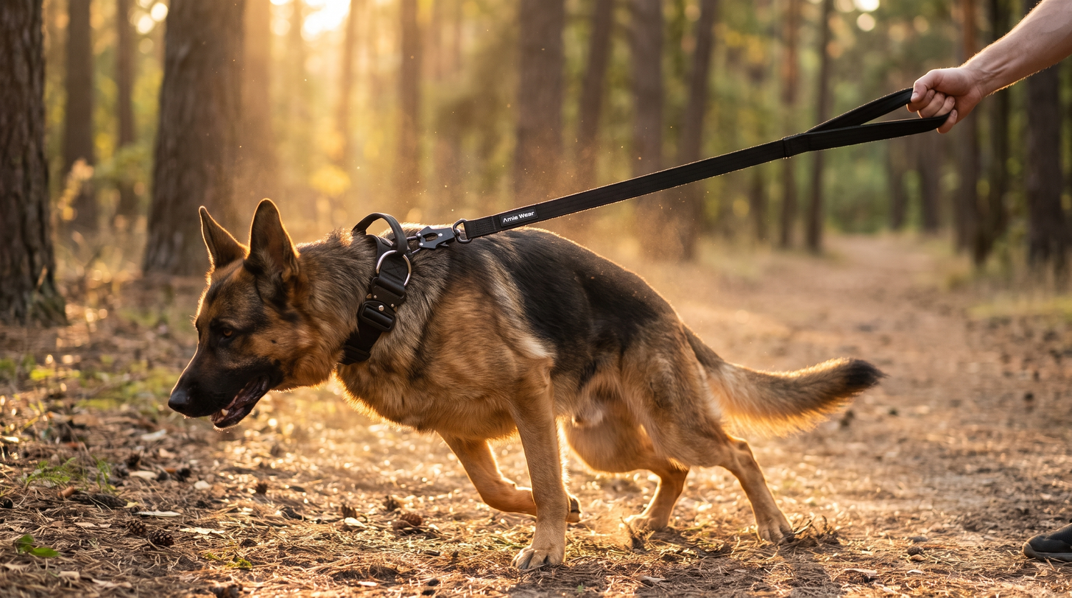 Deutscher Schäferhund zieht an der straffen schwarzen Amie Wear Leine, breites taktisches Halsband mit Griff