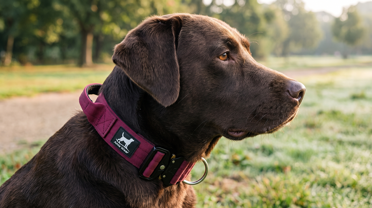 Labrador im Profil mit breitem taktischem Amie Wear Hundehalsband in Bordeauxrot mit Griff, Cobra-Verschluss und Logo-Patch