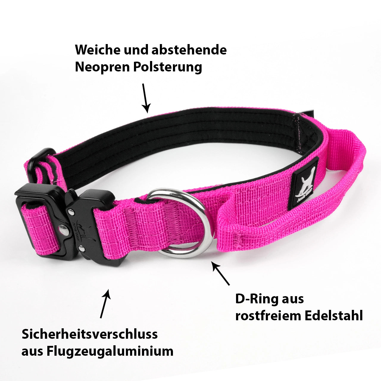 Schmales taktisches Hundehalsband mit Griff – Magenta