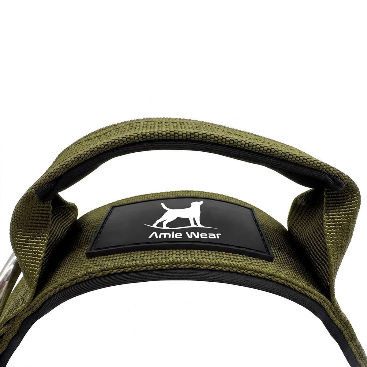 Gepolsterter Haltegriff am olivgrünen Amie Wear Hundehalsband mit Markenetikett
