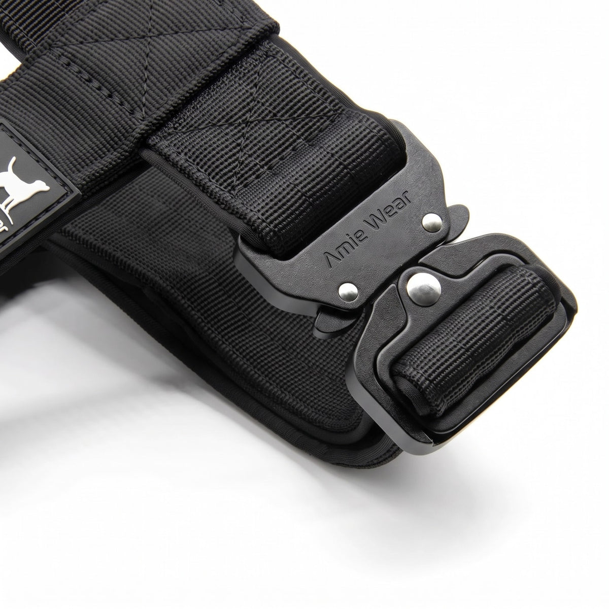Nahaufnahme der Kobra-Schnalle mit Gravur Amie Wear am schwarzen taktischen Hundehalsband