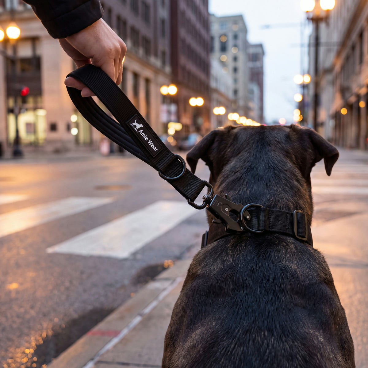 Amie Wear Kurzleine komplett von der Hand bis zum Halsband, Hund bei Fuß in der Stadt