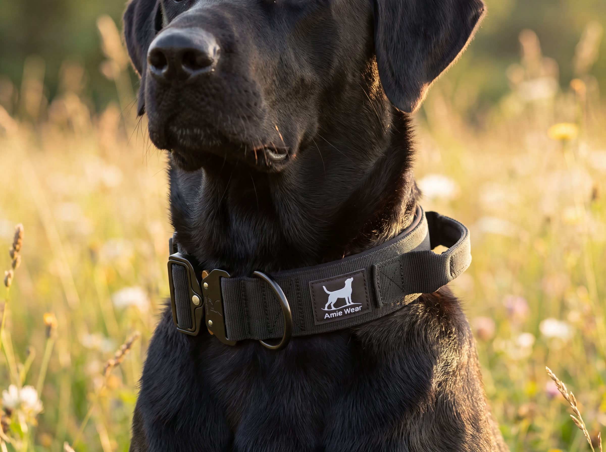 Großer Hund mit breitem taktischem Hundehalsband mit Griff in Schwarz