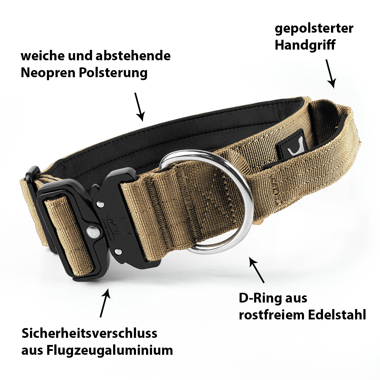 Breites taktisches Hundehalsband mit Griff – Beige