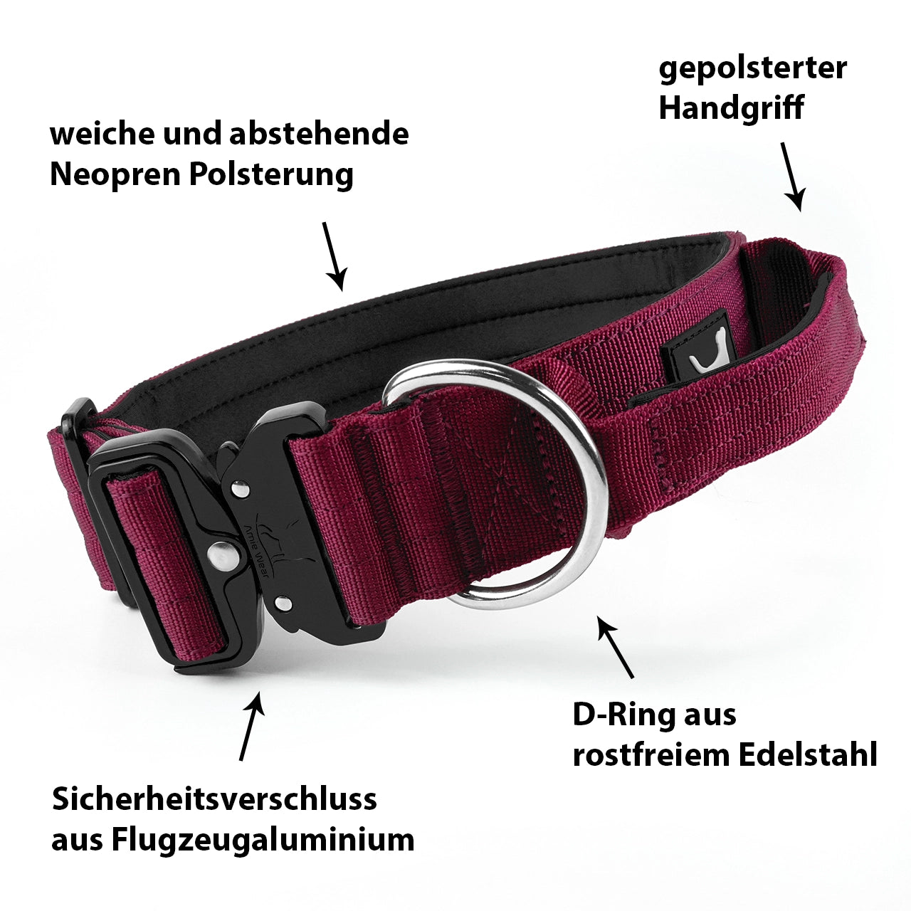 Breites taktisches Hundehalsband mit Griff – Bordeauxrot