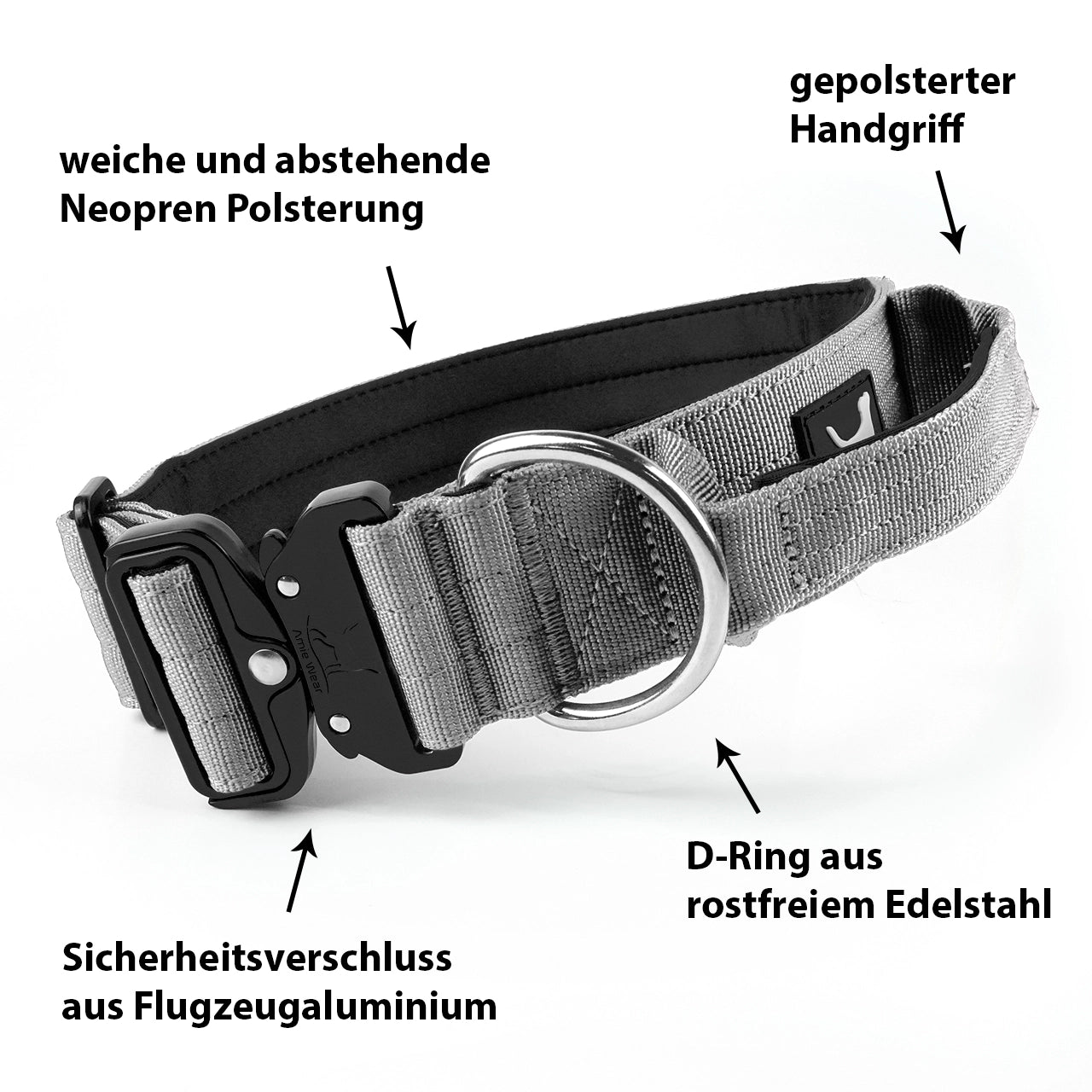 Breites taktisches Hundehalsband mit Griff – Hellgrau