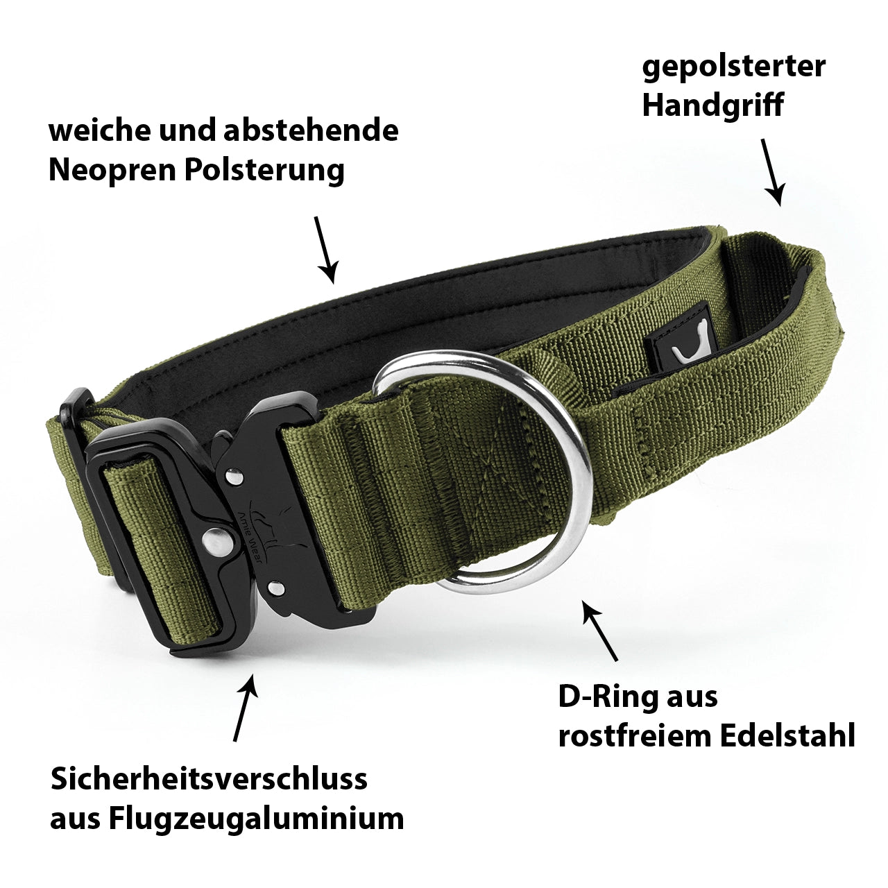 Breites taktisches Hundehalsband mit Griff – Olivgrün