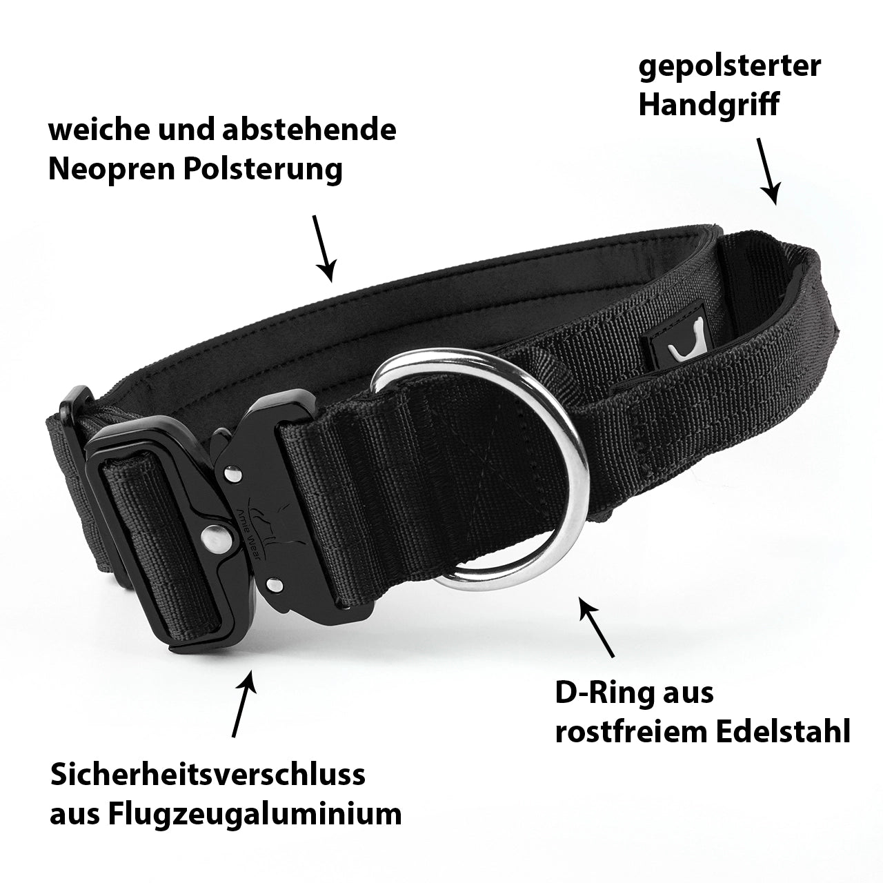 Breites taktisches Hundehalsband mit Griff – Schwarz