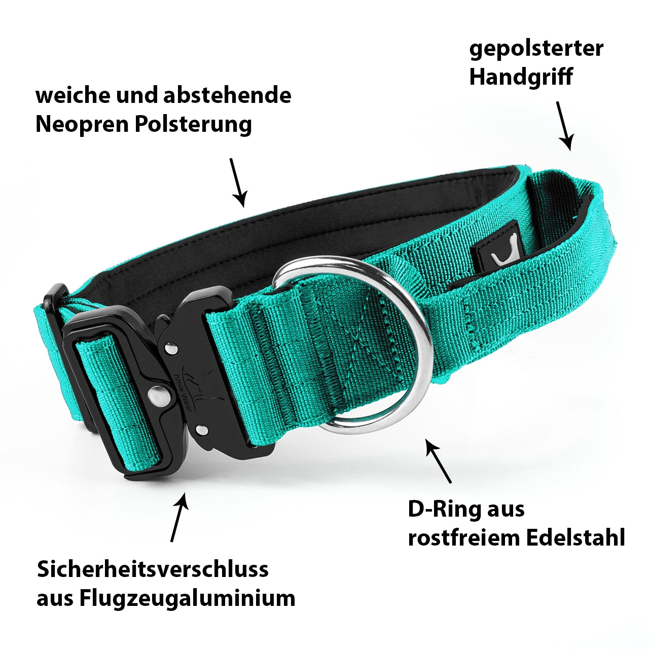 Breites taktisches Hundehalsband mit Griff – Türkisblau