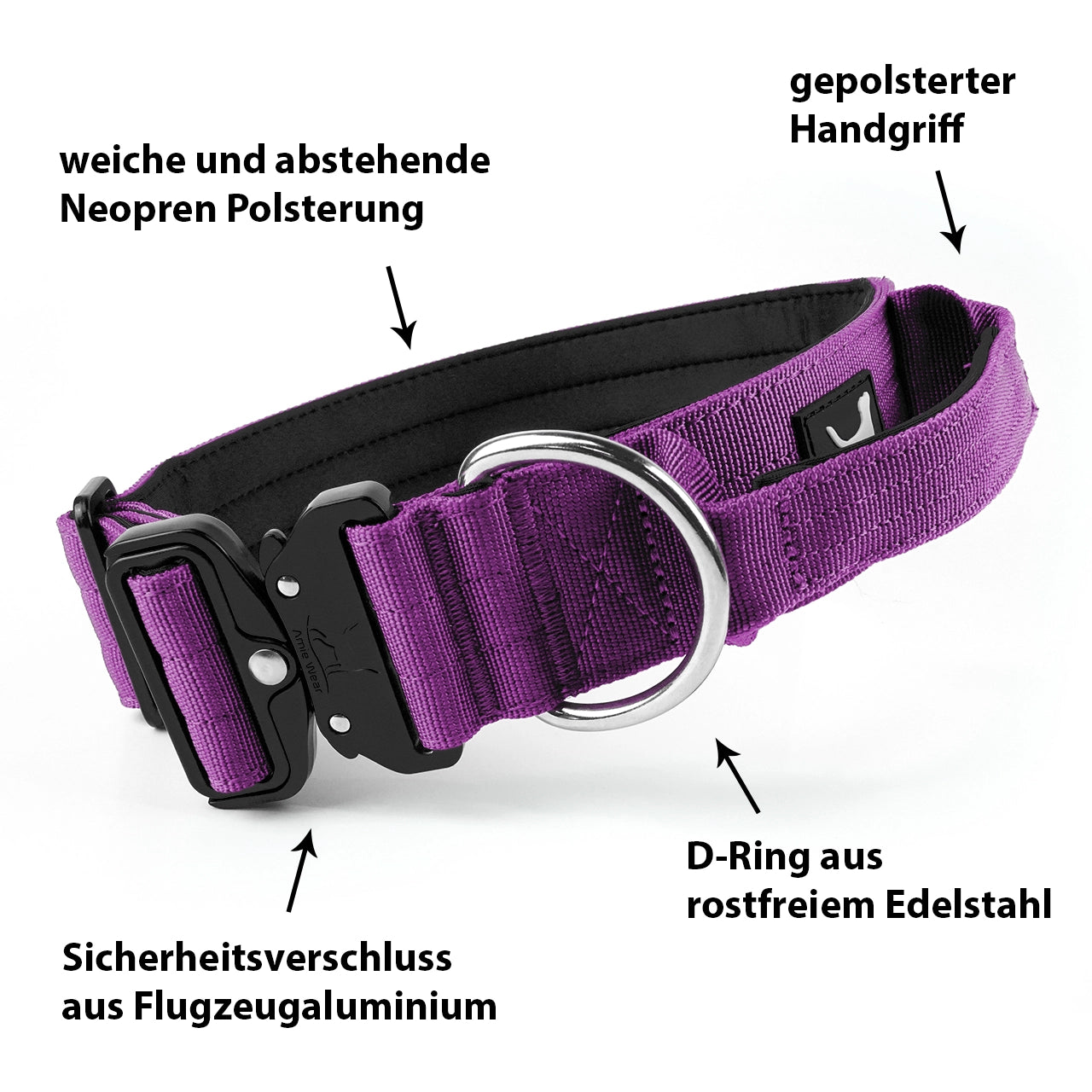 Breites taktisches Hundehalsband mit Griff – Violett