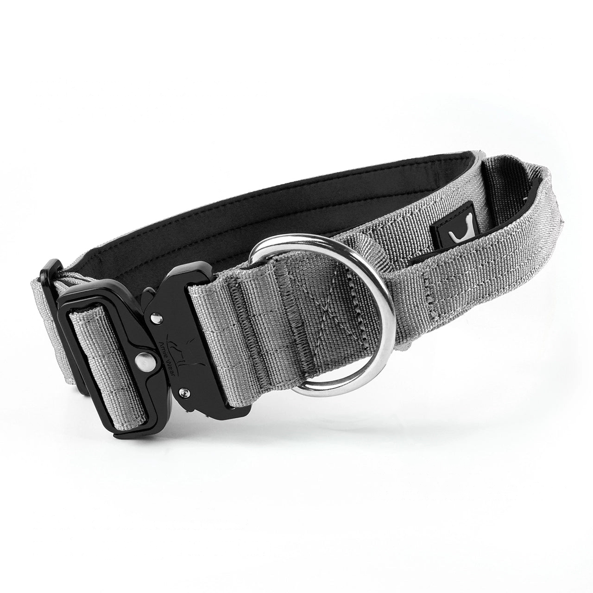 Breites Hundehalsband mit Griff in Hellgrau: Neopren-Polsterung innen, gepolsterter Griff, D-Ring und Kobra-Schnalle