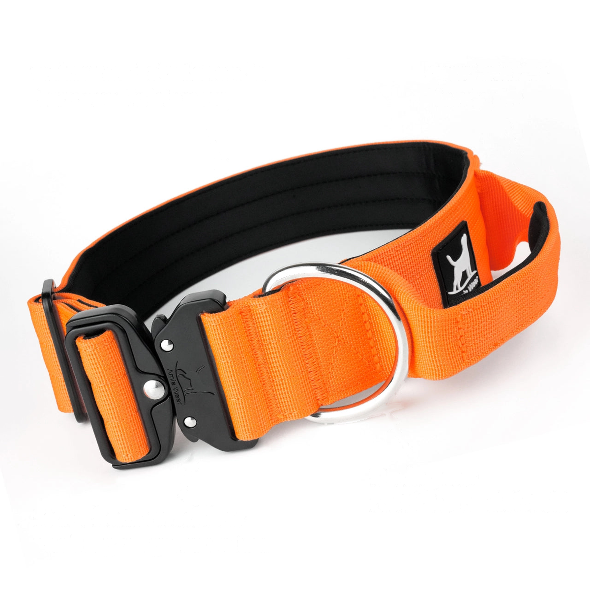 Breites Hundehalsband mit Griff in Orange: Neopren-Polsterung innen, gepolsterter Griff, D-Ring und Kobra-Schnalle