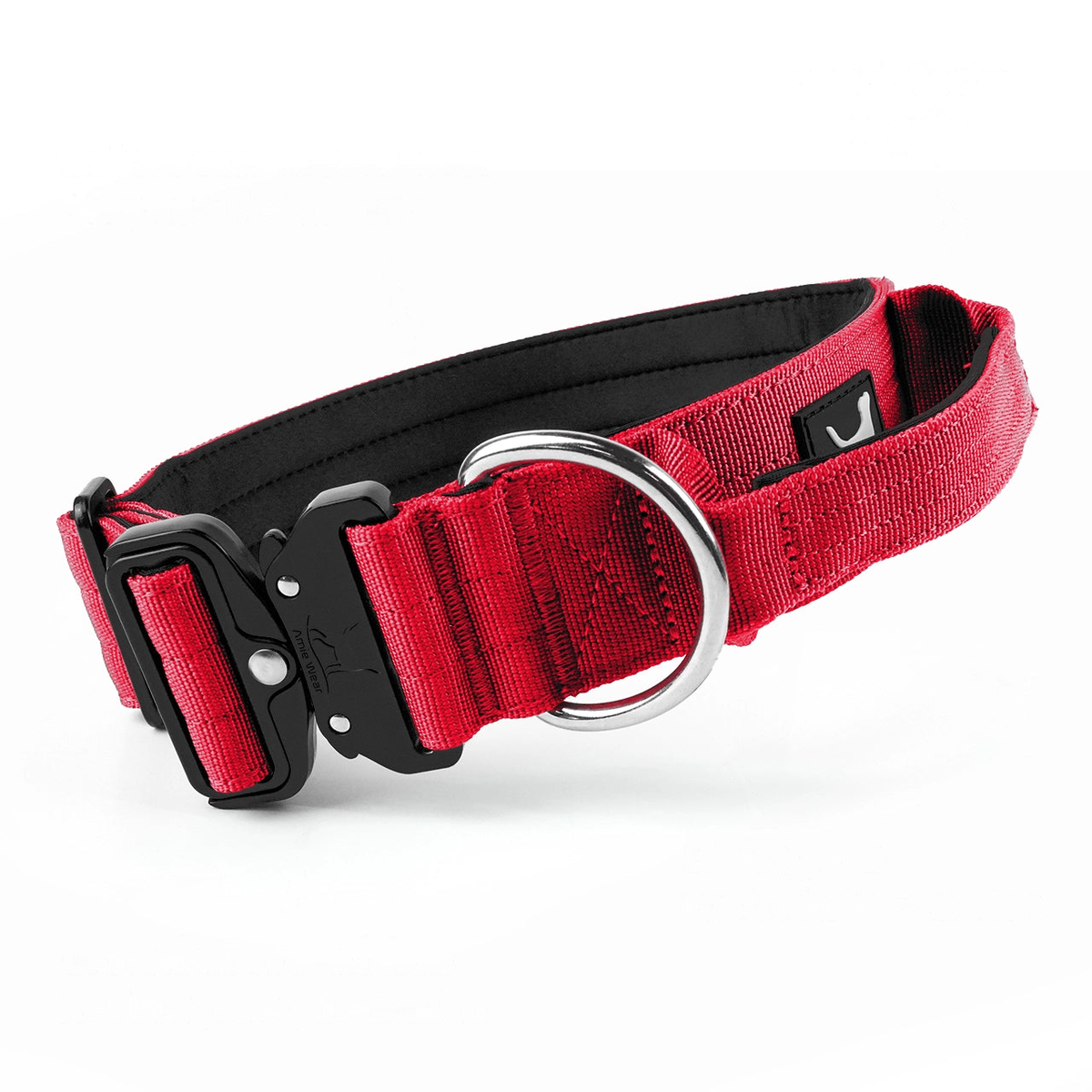 Breites Hundehalsband mit Griff in Rot: Neopren-Polsterung innen, gepolsterter Griff, D-Ring und Kobra-Schnalle