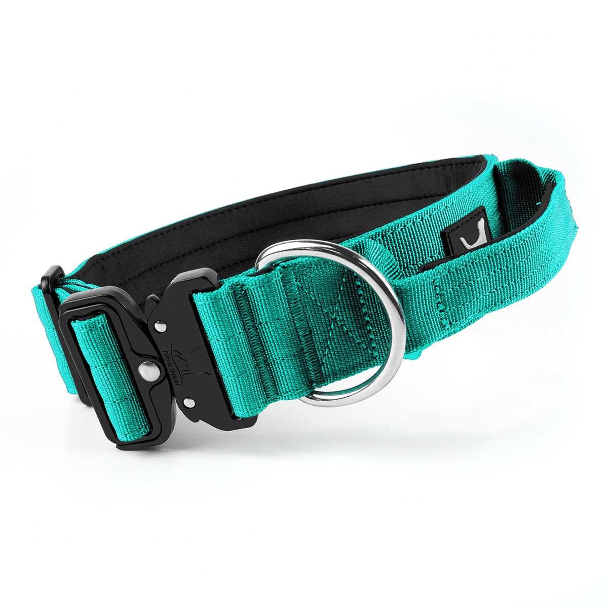Breites Hundehalsband mit Griff in Türkisblau: Neopren-Polsterung innen, gepolsterter Griff, D-Ring und Kobra-Schnalle