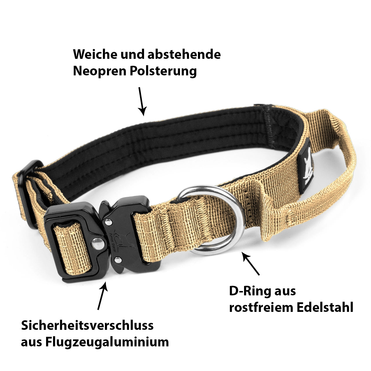 Schmales taktisches Hundehalsband mit Griff – Beige