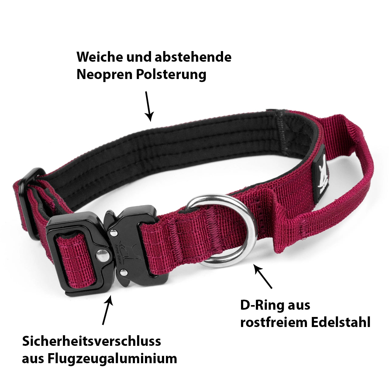 Schmales taktisches Hundehalsband mit Griff – Bordeauxrot