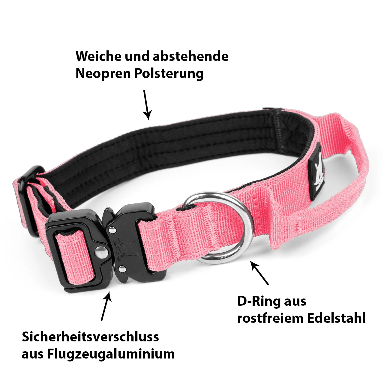 Schmales taktisches Hundehalsband mit Griff – Rosa