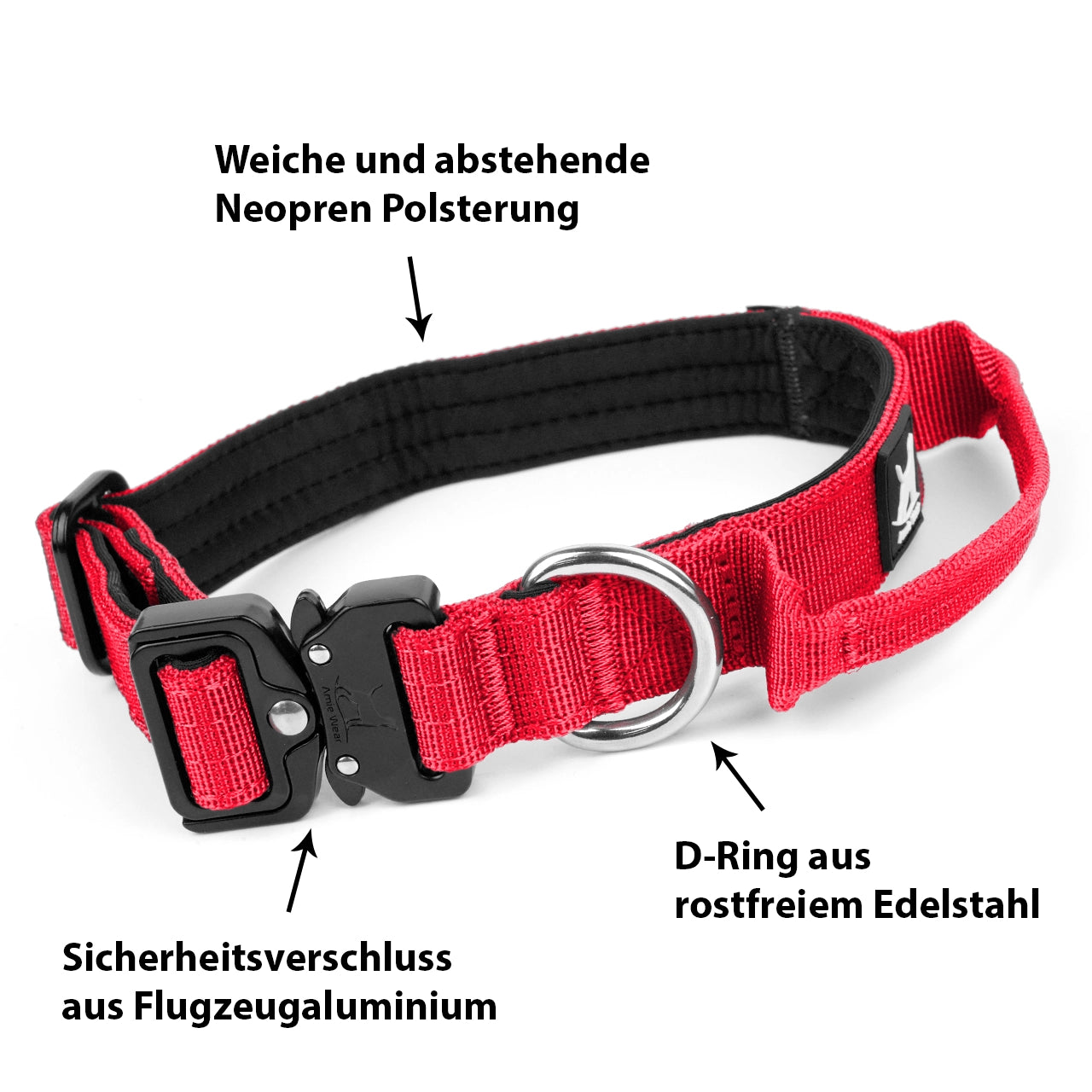 Schmales taktisches Hundehalsband mit Griff – Rot