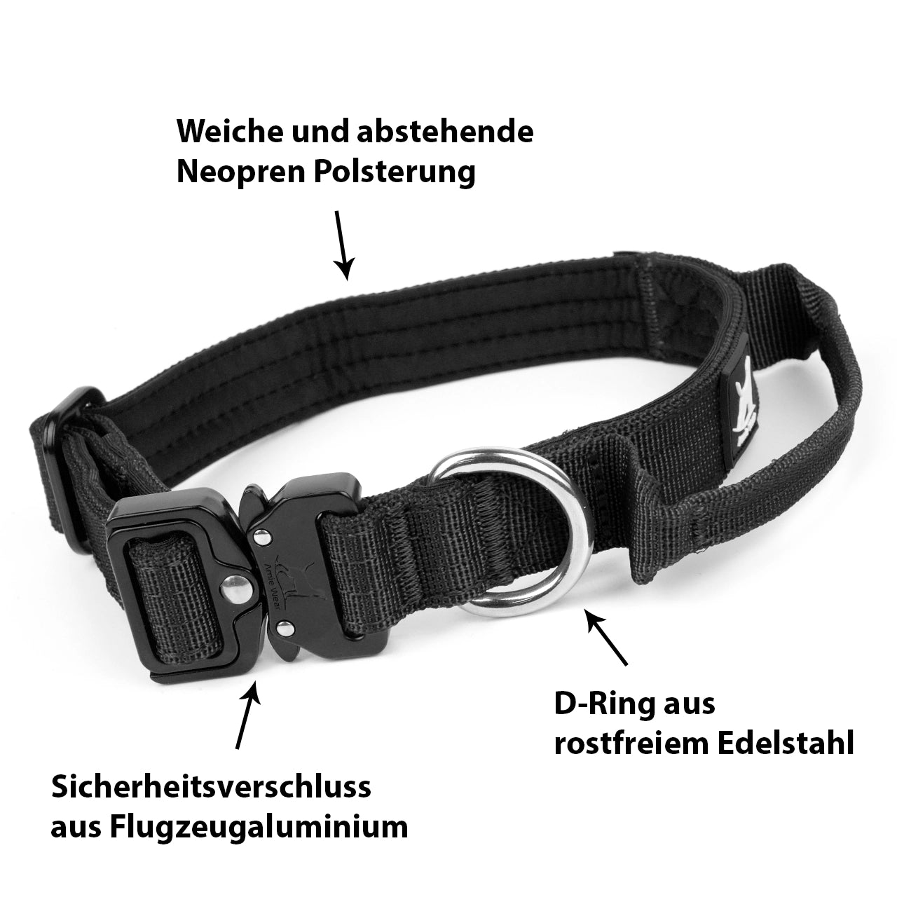 Schmales taktisches Hundehalsband mit Griff – Schwarz