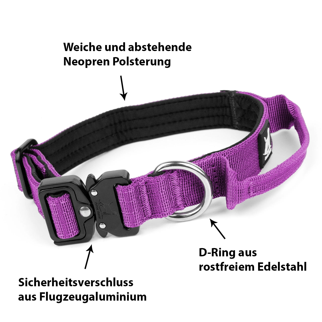 Schmales taktisches Hundehalsband mit Griff – Violett