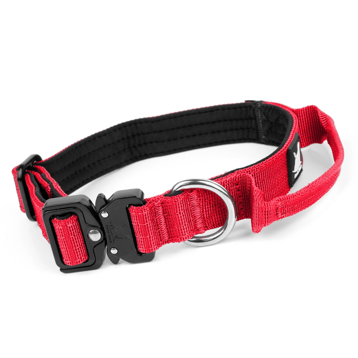 Schmales Hundehalsband mit Griff in Rot: Neopren-Polsterung innen, gepolsterter Griff, D-Ring und Kobra-Schnalle