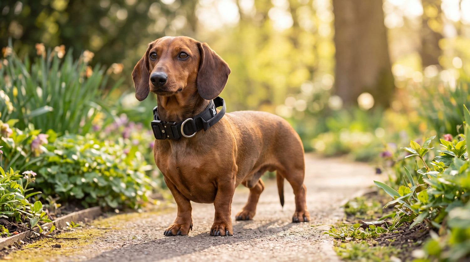 Dackel mit schmalem taktischem Hundehalsband mit Griff auf einem Gartenweg