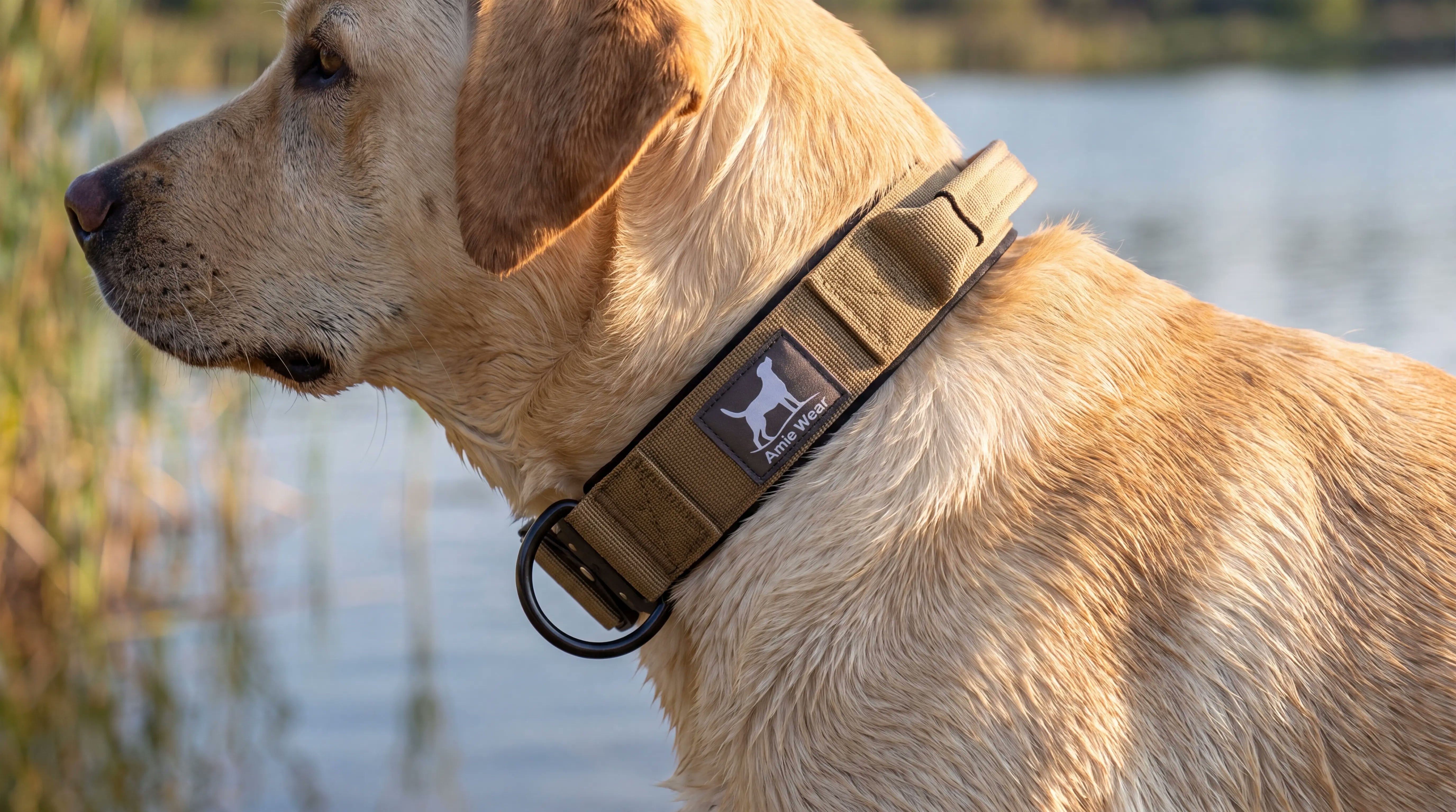 Labrador Retriever am See mit breitem taktischem Hundehalsband mit Griff