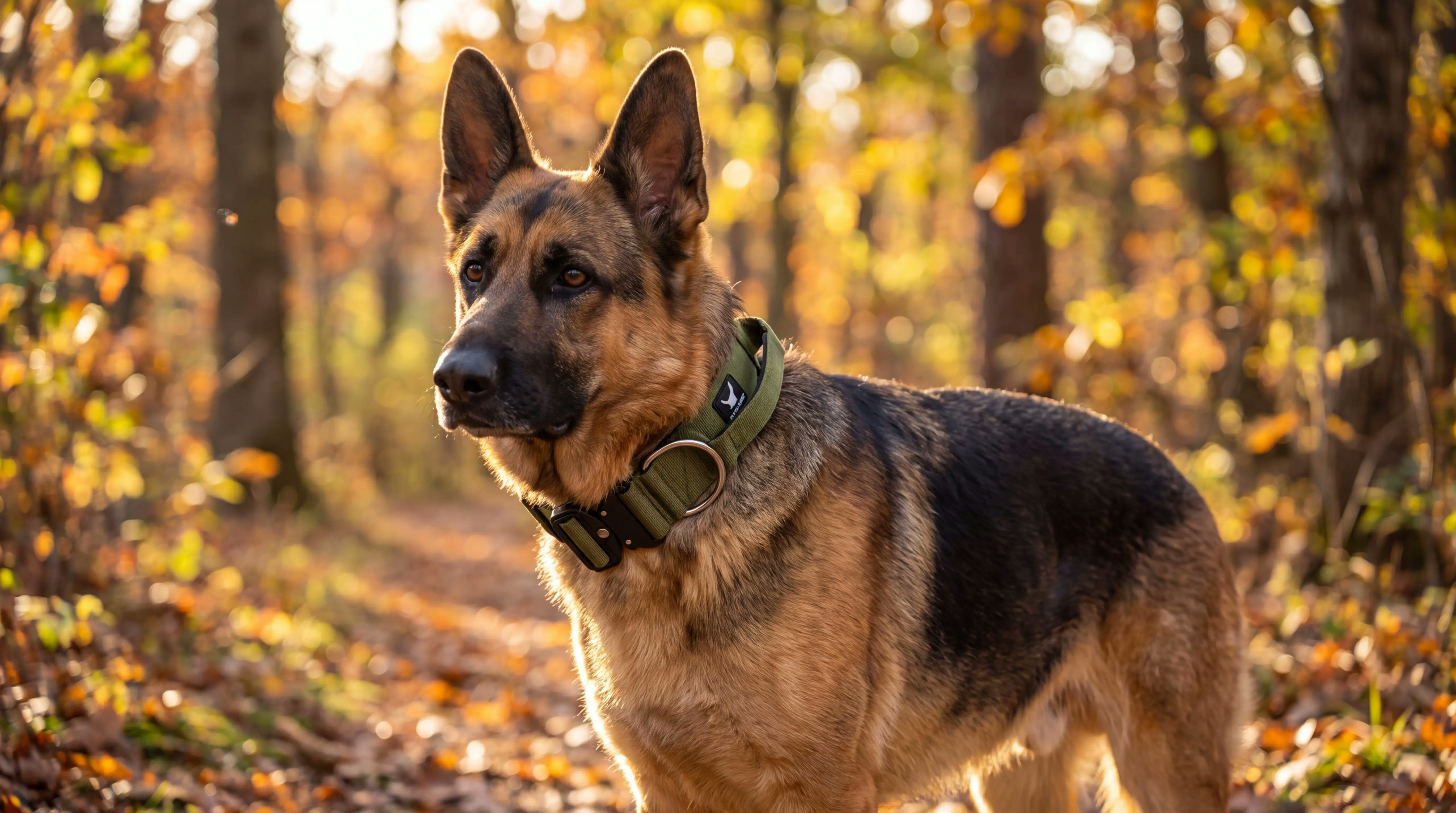 Deutscher Schäferhund mit breitem taktischem Hundehalsband mit Griff in Olivgrün auf einem Waldweg