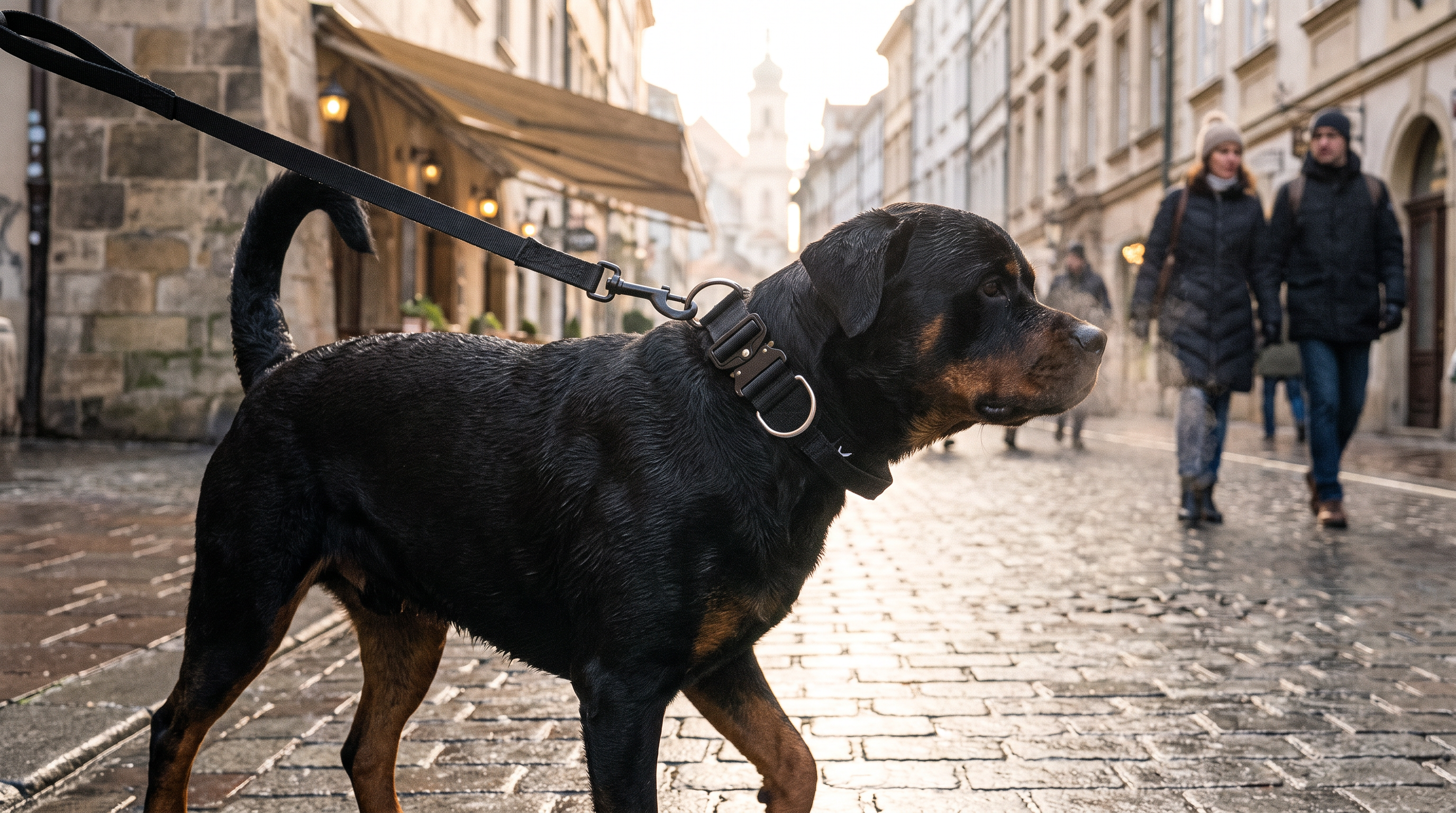 Rottweiler in der Stadt mit breitem taktischem Amie Wear Halsband in Schwarz und Leine am D-Ring – Halsband statt Geschirr