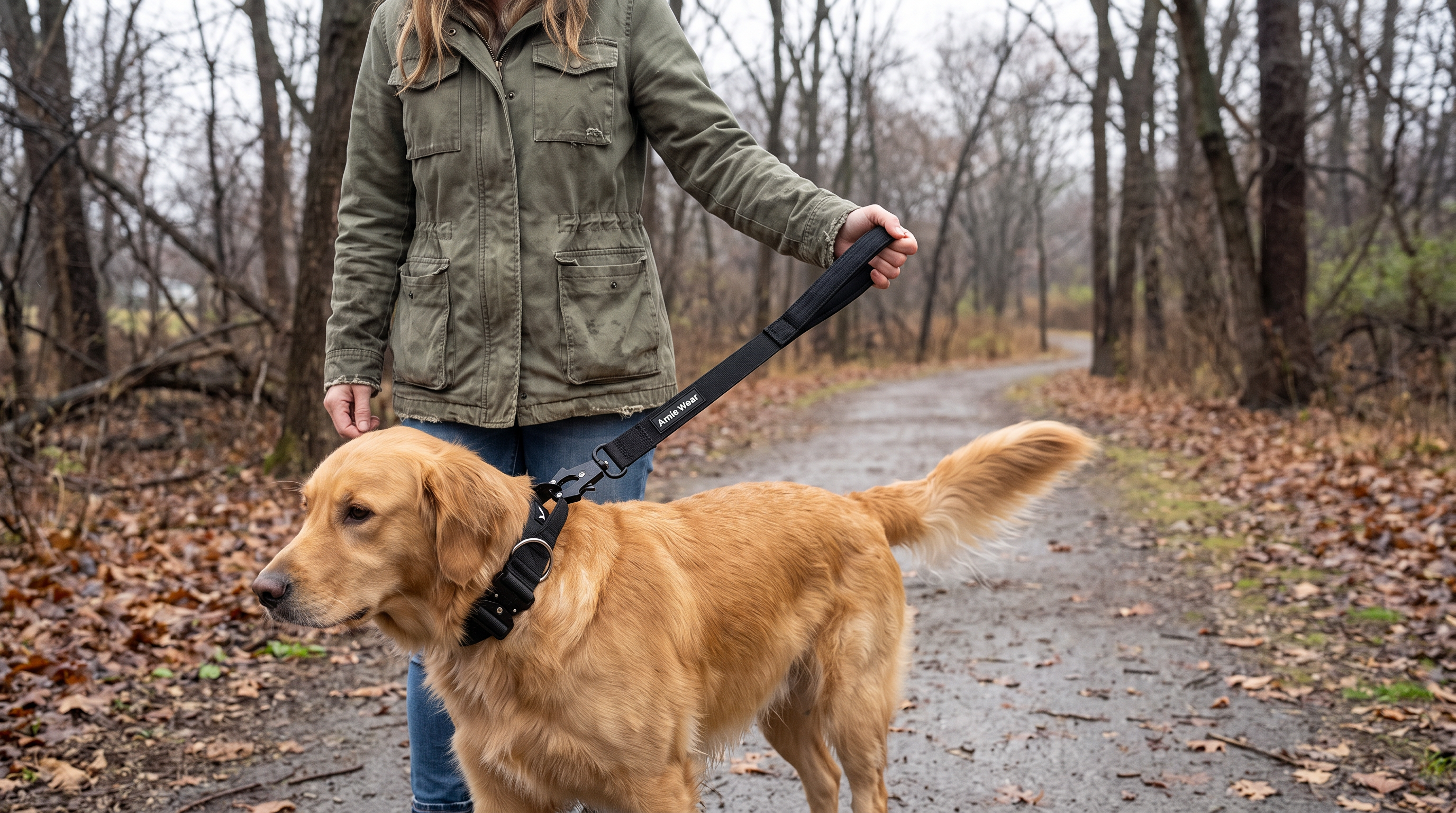 Halterin führt Golden Retriever an der schwarzen taktischen Amie Wear Hundeleine mit gepolsterter Handschlaufe