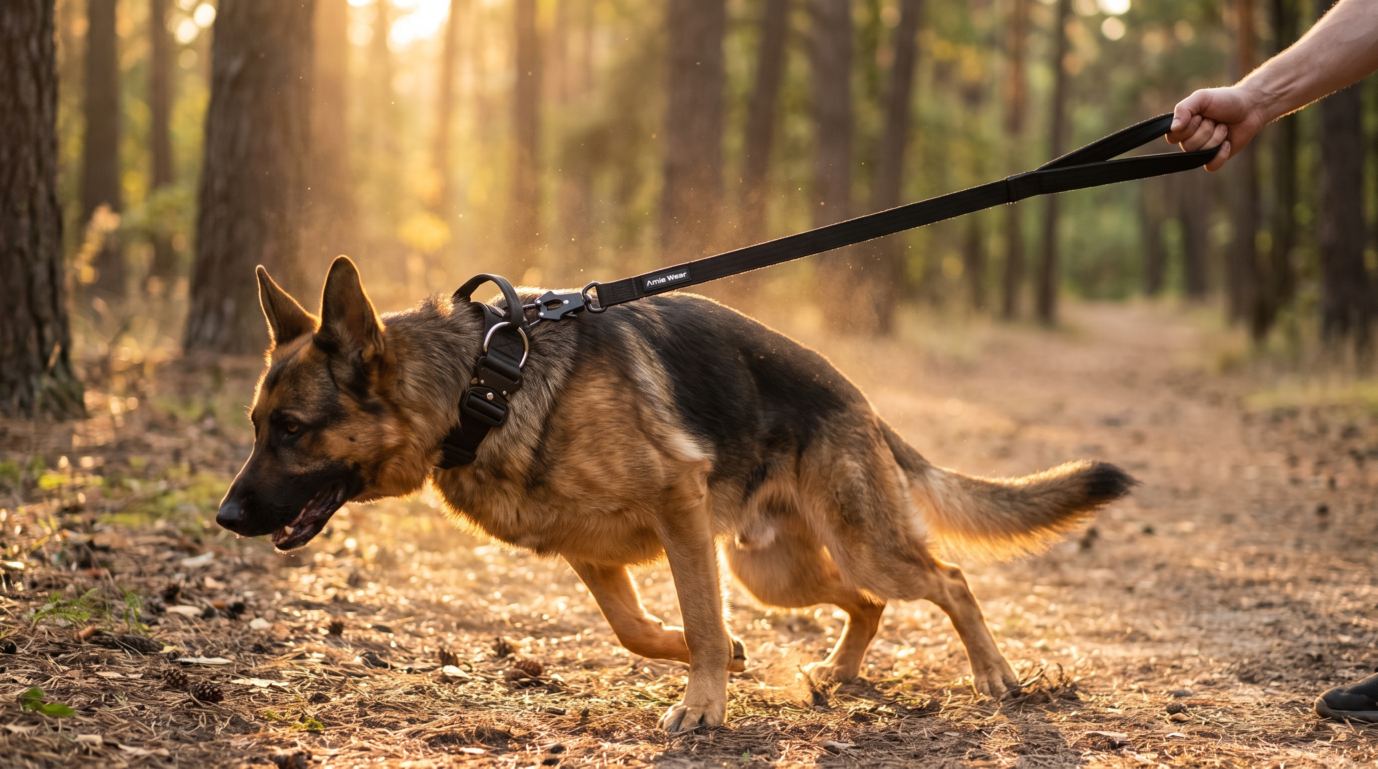 Deutscher Schäferhund zieht an der straffen schwarzen Amie Wear Leine, breites taktisches Halsband mit Griff