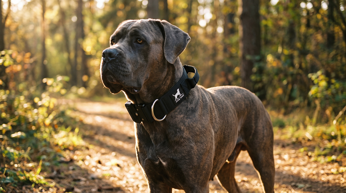 Kräftiger Cane Corso im Wald mit breitem Amie Wear Hundehalsband mit Griff