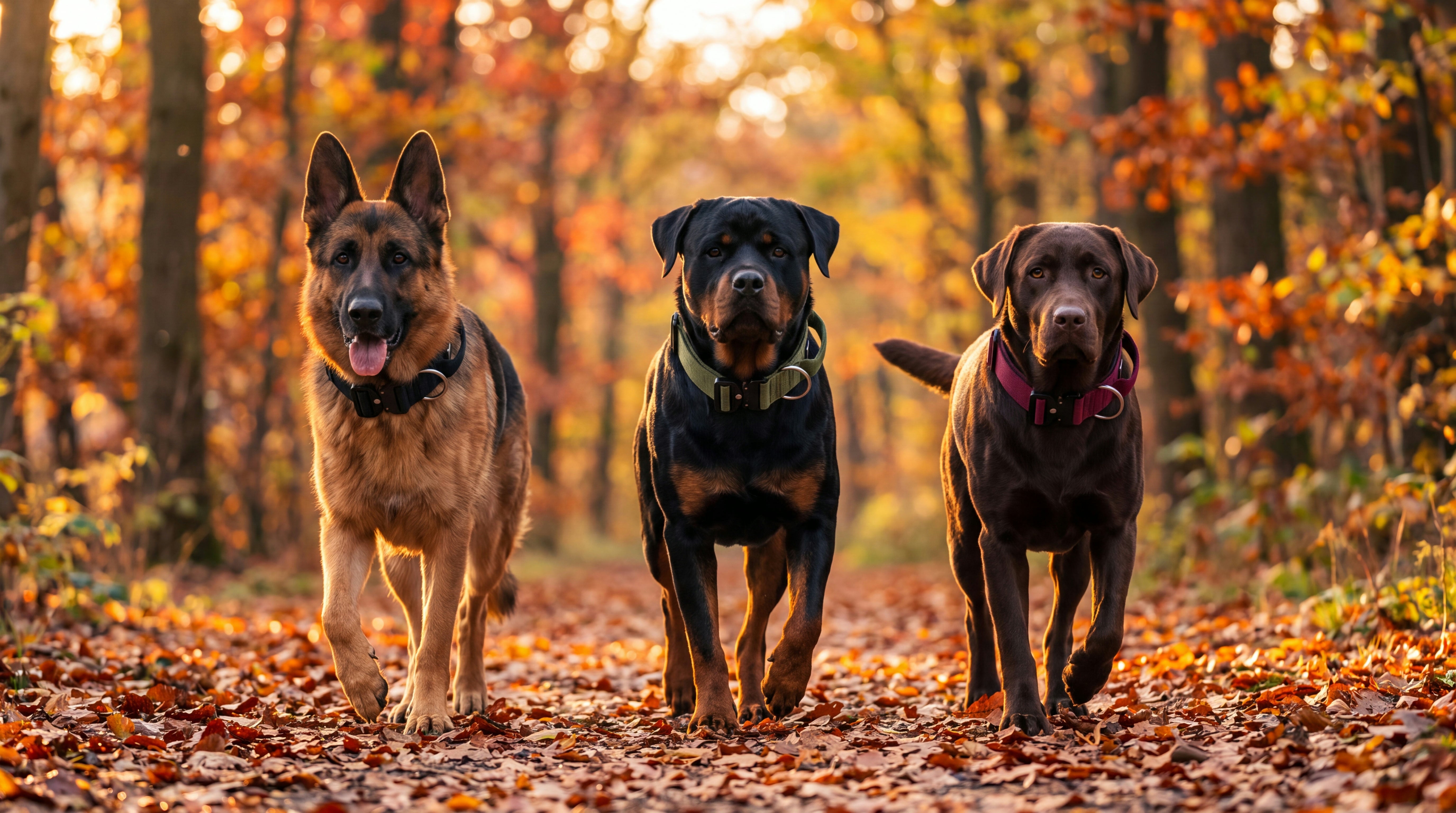 Drei kräftige Hunde mit taktischen Amie Wear Halsbändern in Schwarz, Olivgrün und Bordeauxrot