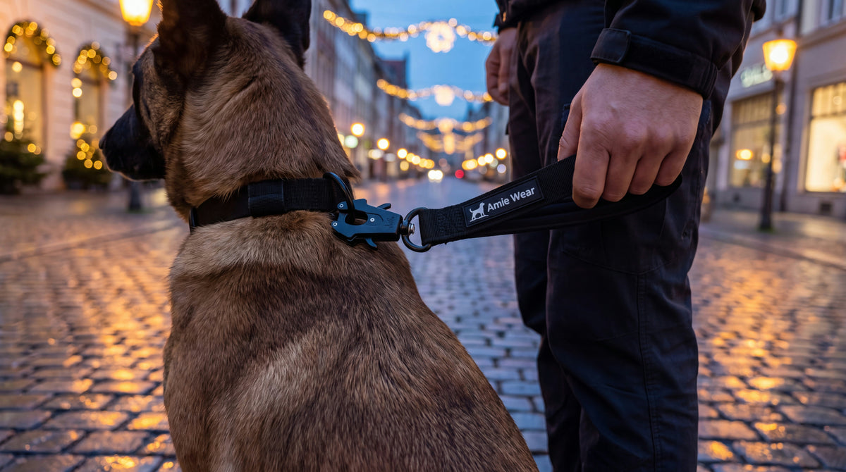 Malinois bei Fuss an kurzer taktischer Amie Wear Leine mit Logo-Label in der Stadt zur blauen Stunde