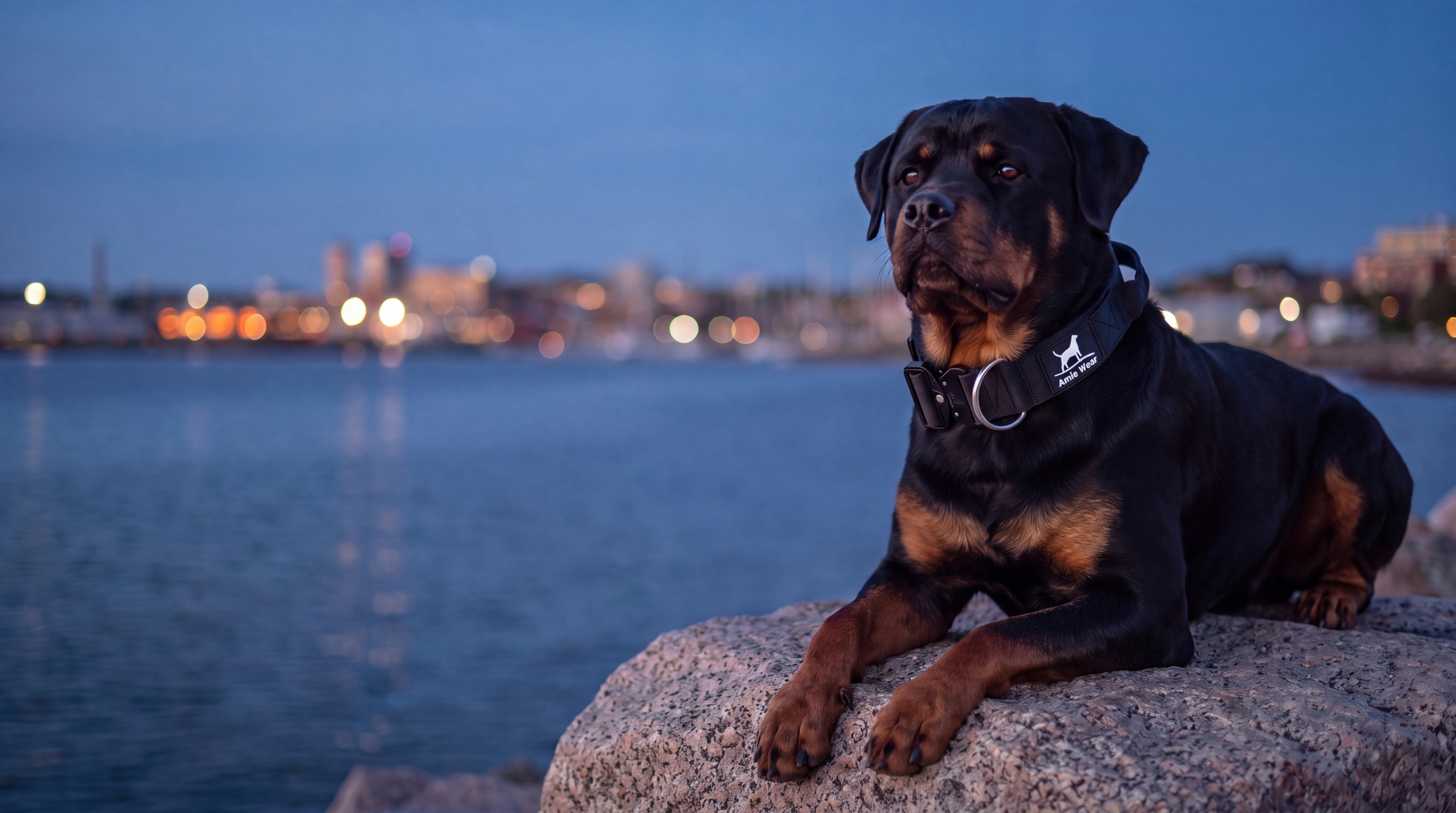 Majestätischer Rottweiler mit breitem taktischem Amie Wear Halsband in Schwarz auf einem Felsen zur blauen Stunde