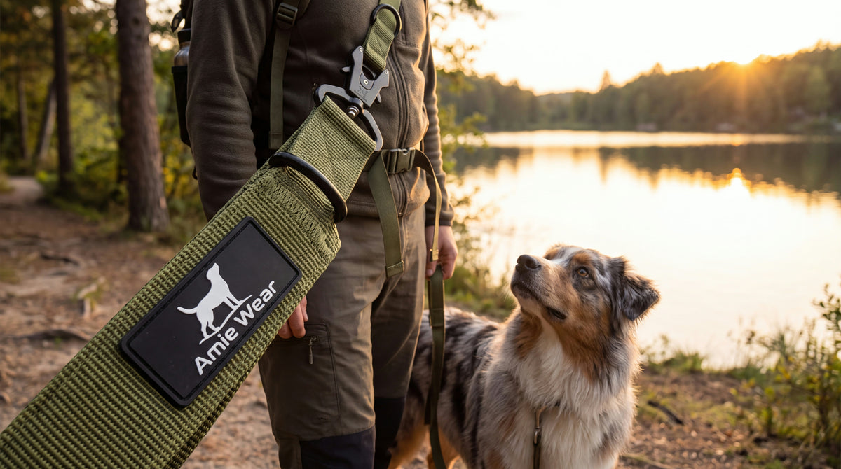 Verstellbare Amie Wear Hundeleine in Olivgrün cross-body getragen am See, Australian Shepherd daneben