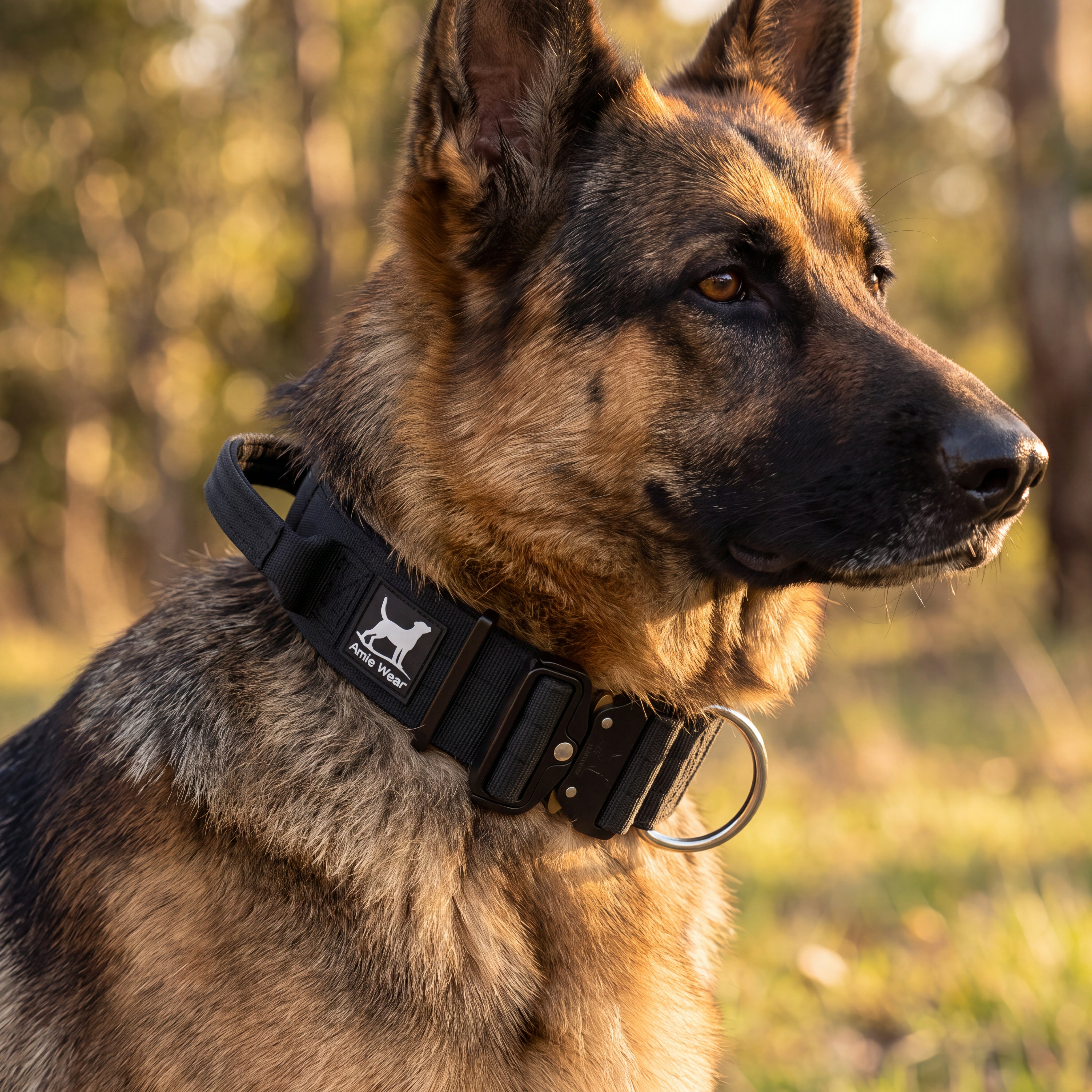 Schäferhund mit breitem taktischem Amie Wear Halsband — Griff, Cobra-Verschluss und D-Ring im Detail