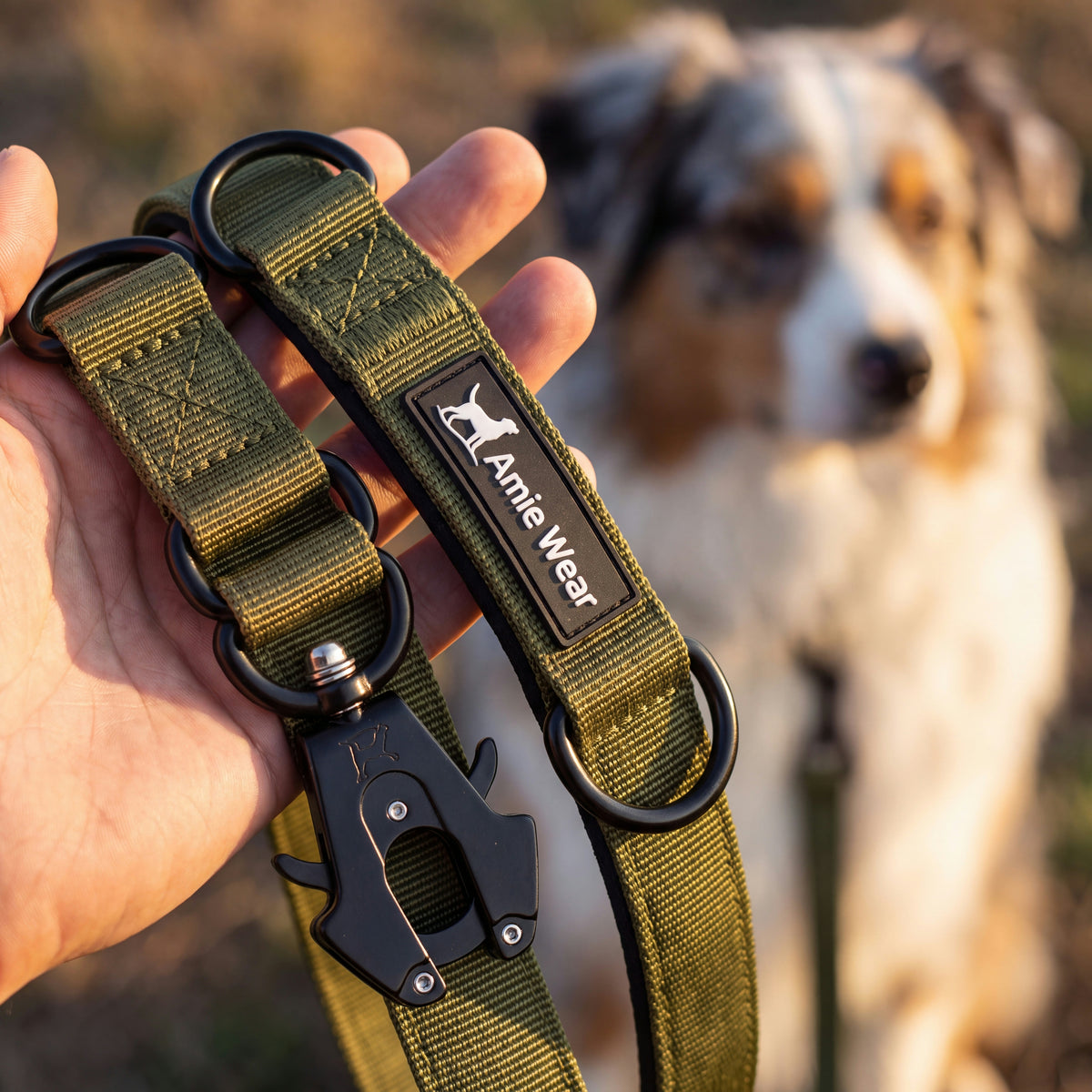 Verstellringe und Karabiner der verstellbaren Amie Wear Leine in Olivgrün