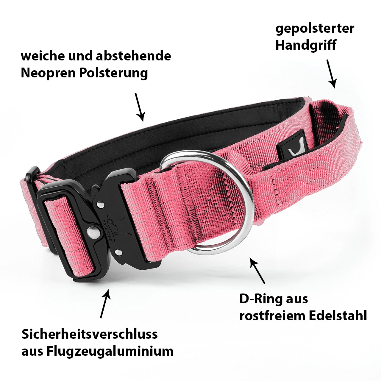 Breites taktisches Hundehalsband mit Griff – Rosa