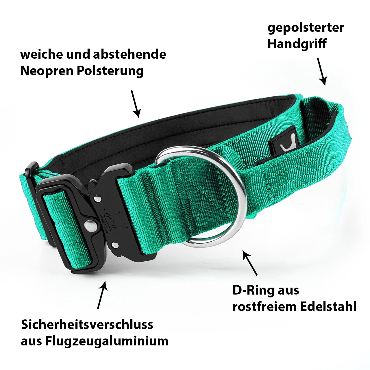 Breites taktisches Hundehalsband mit Griff – Türkisgrün