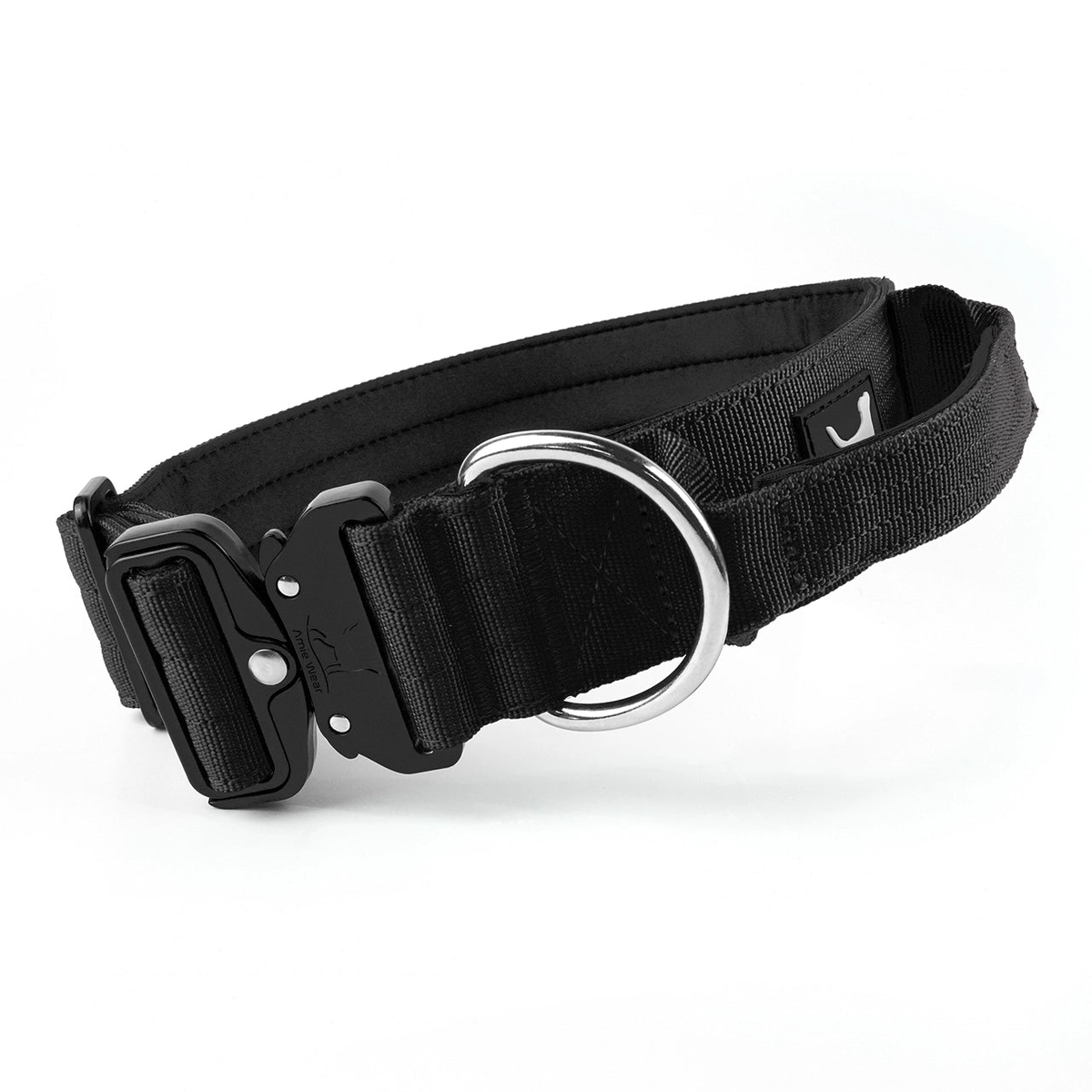 Breites Hundehalsband mit Griff in Schwarz: Neopren-Polsterung innen, gepolsterter Griff, D-Ring und Kobra-Schnalle