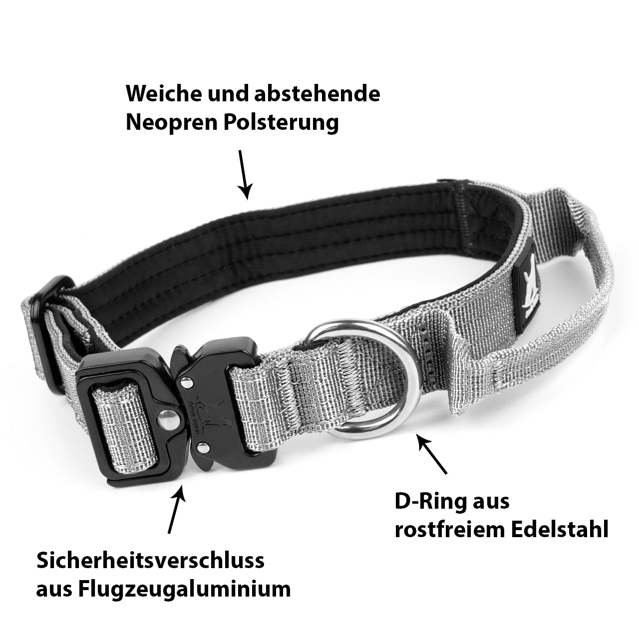 Schmales taktisches Hundehalsband mit Griff – Hellgrau