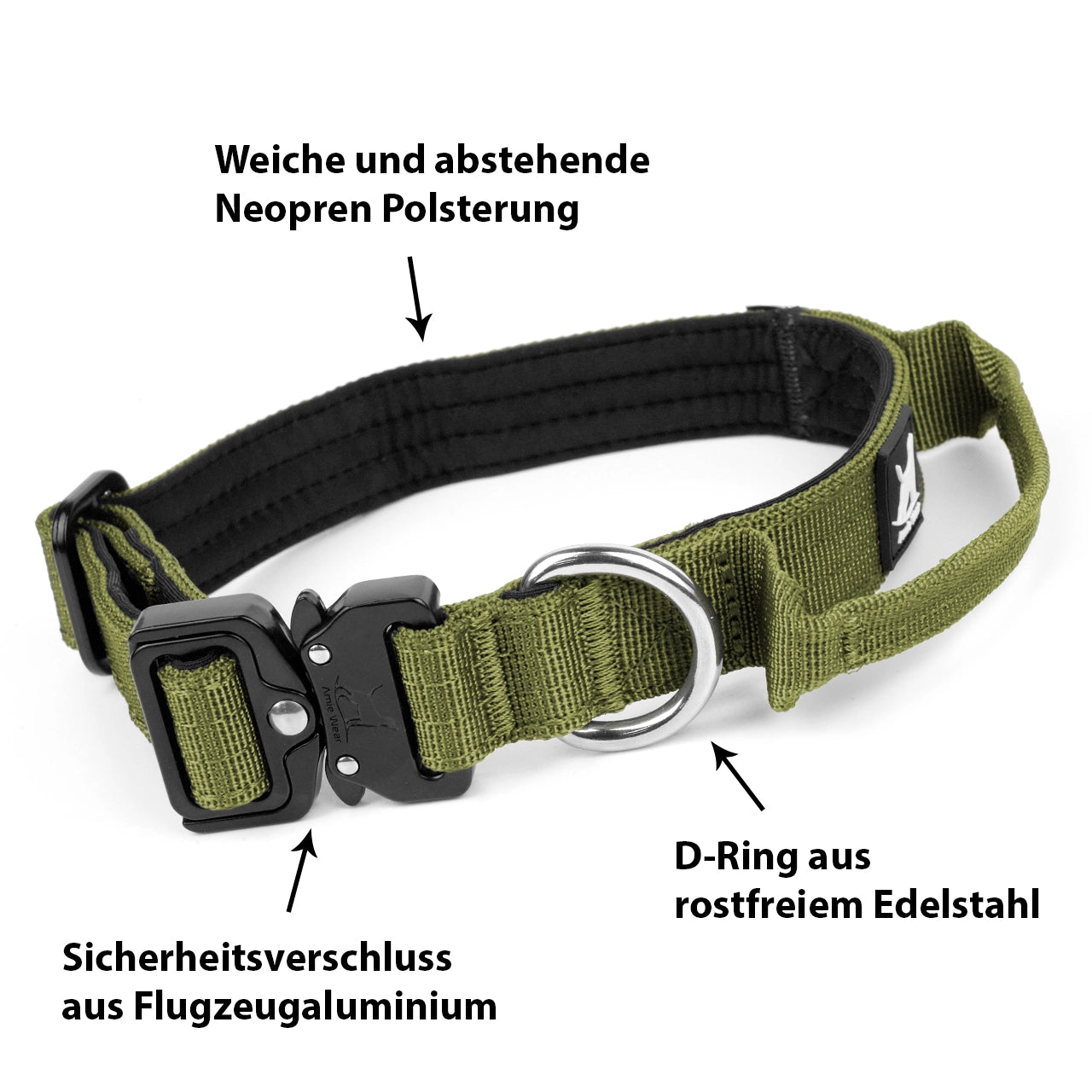 Schmales taktisches Hundehalsband mit Griff – Olivgrün