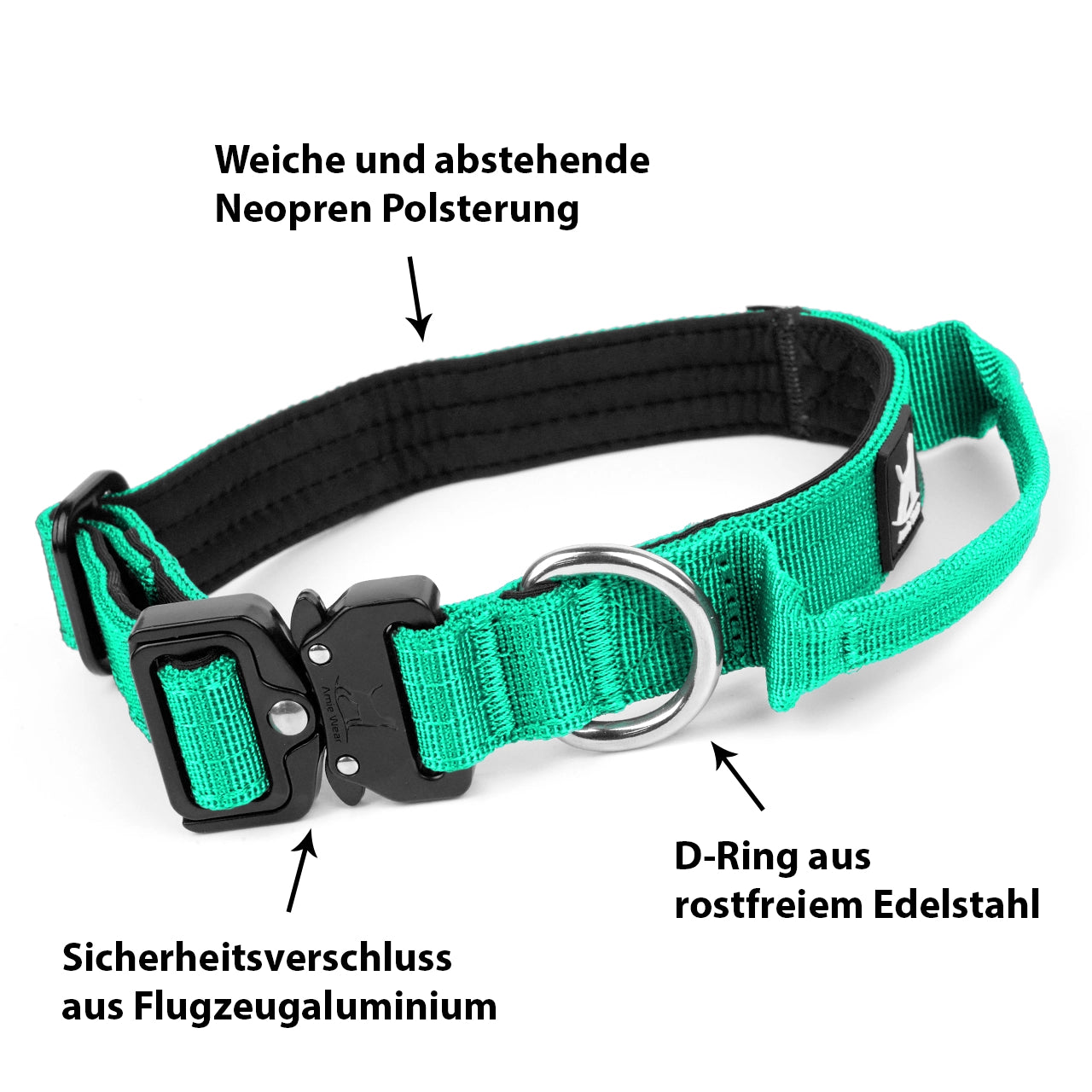 Schmales taktisches Hundehalsband mit Griff – Türkisgrün